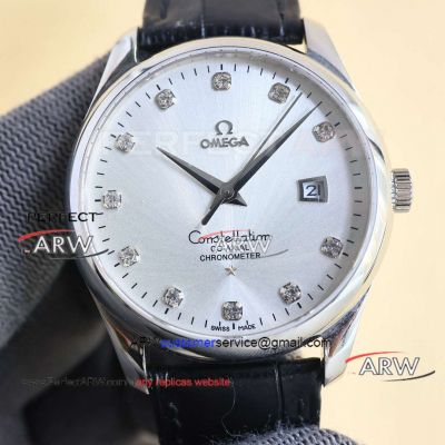 Replica Omega De Ville Silver Dial Black Leather Strap Mechanical Watch 